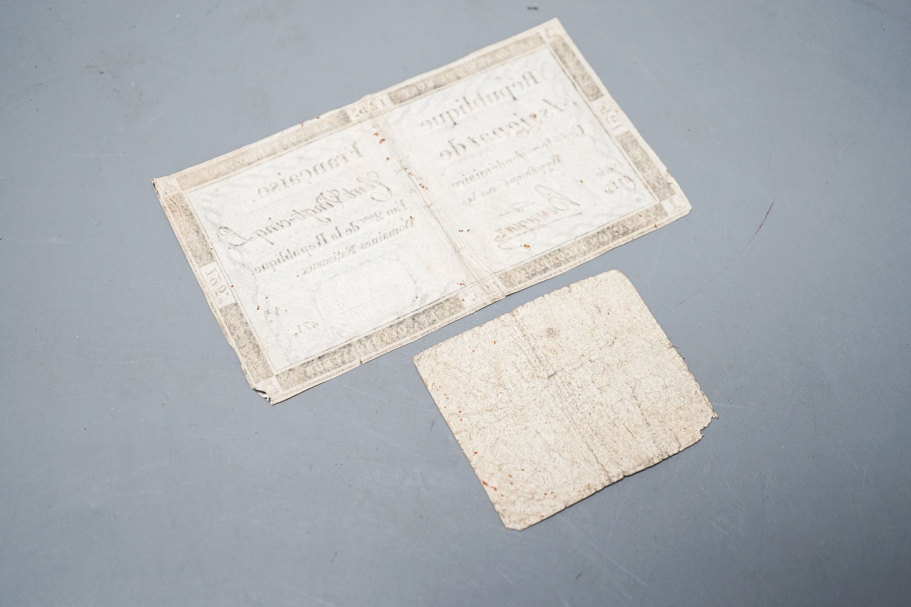 Bank notes; Republique Francaise, 'Assignat de Cent Vingt-cinq L', serie 2715/471, 9.5 x 16cm. and 'Assignat de dix sous', 1791, 6.5 x 7.5cm.